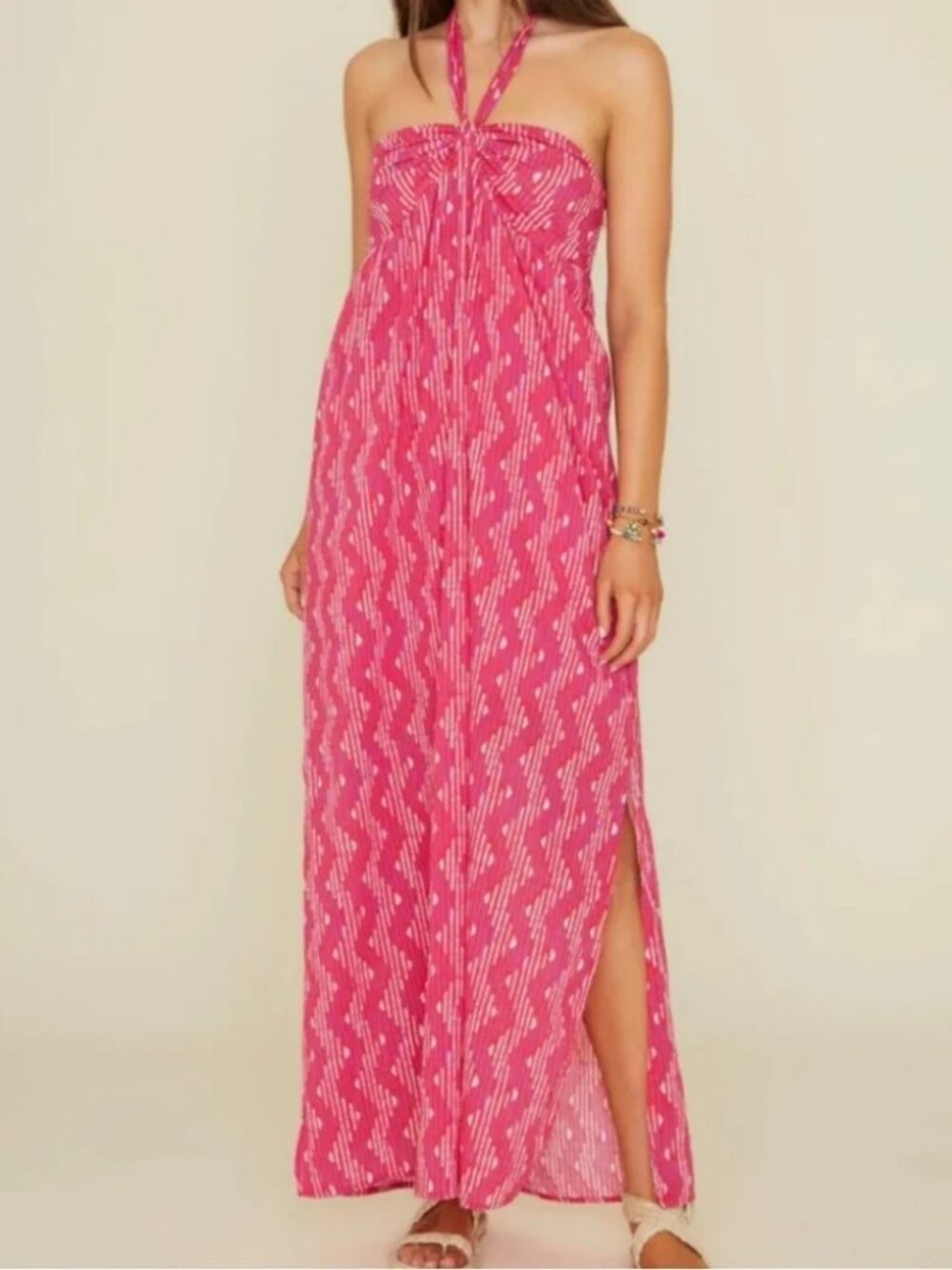 XiRENA Adley Dress Magenta Batik Pink Red Pattern Halter Dress